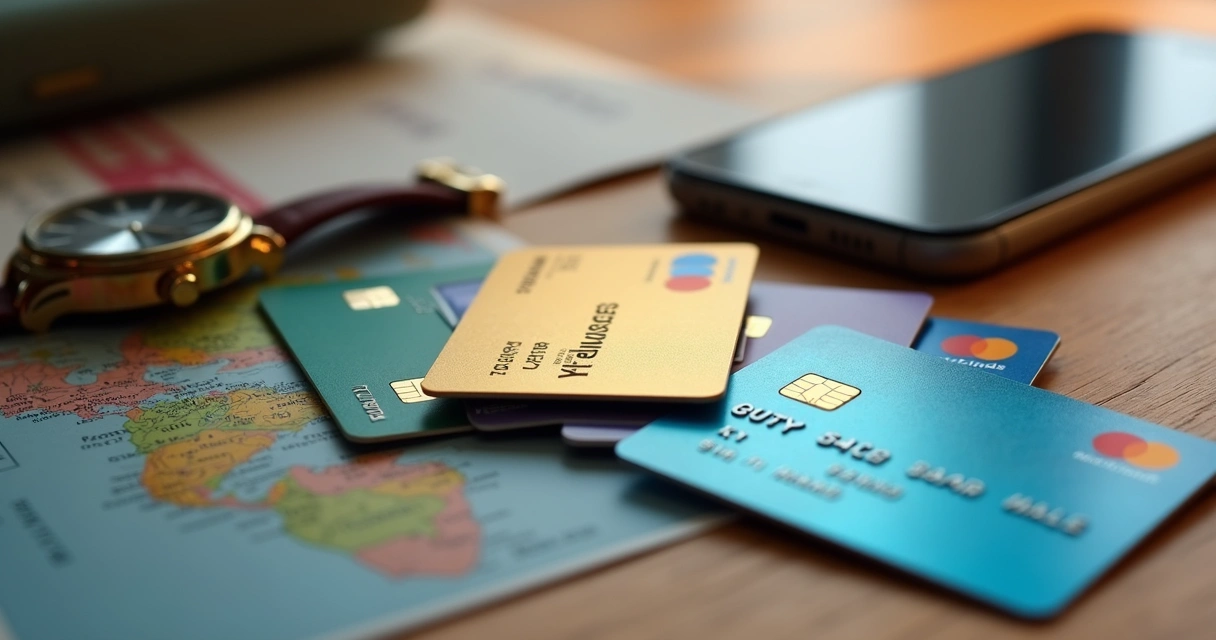 Diversos cartões de crédito e smartphone em mesa 