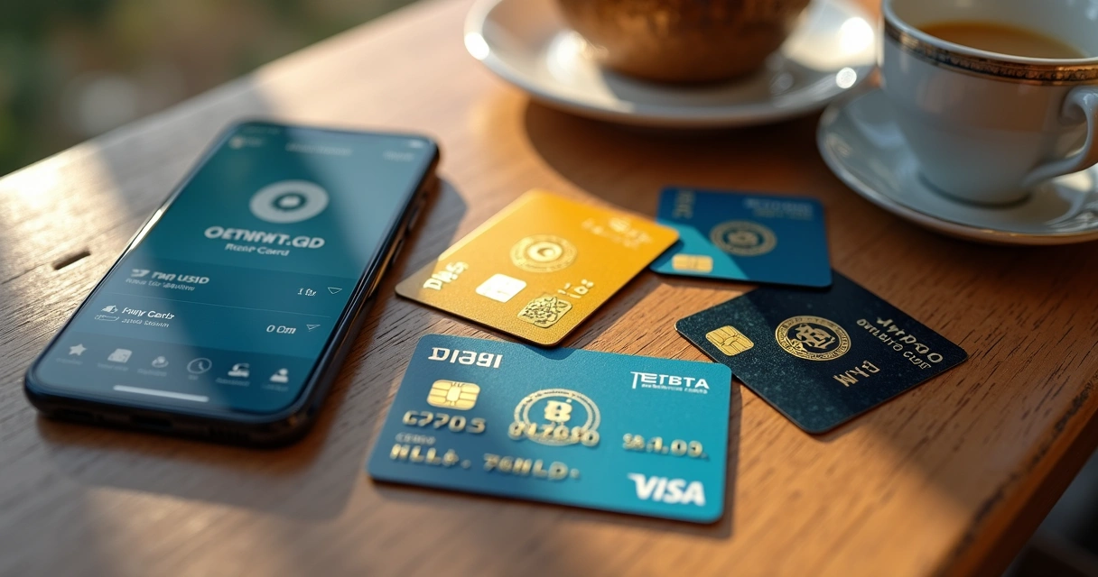 Cartões de criptomoedas espalhados na mesa 