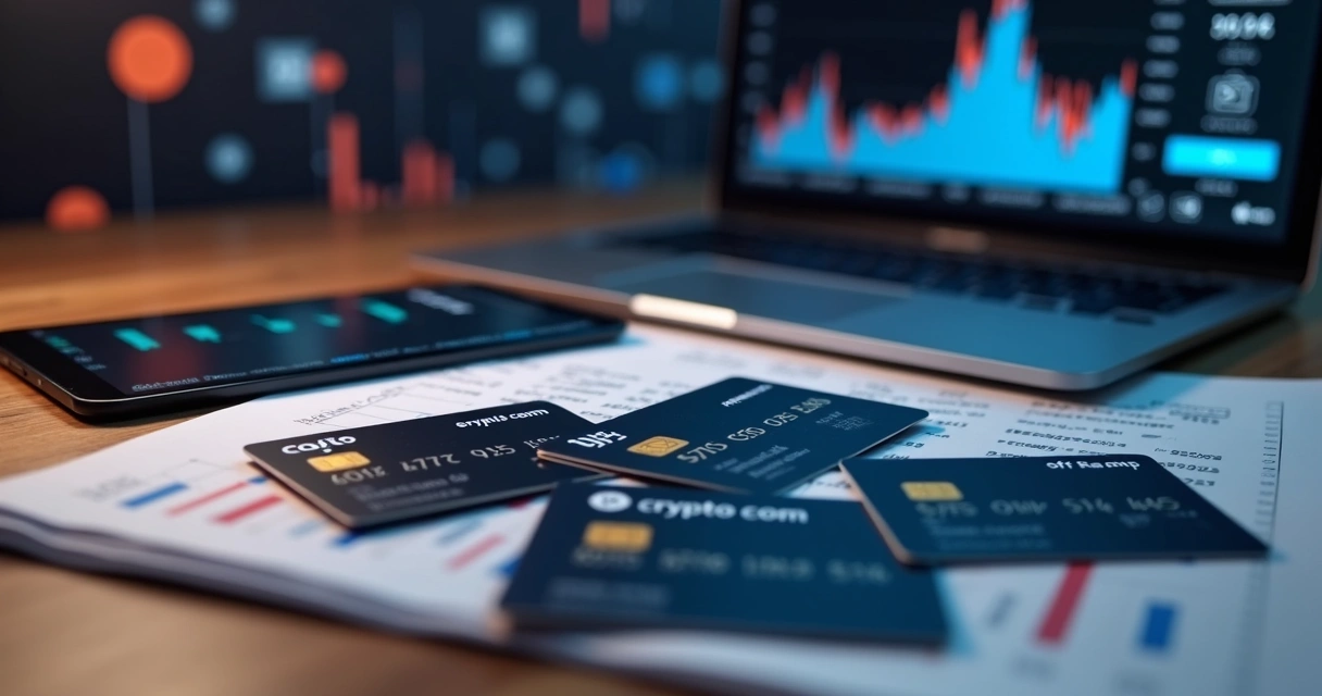 Mesa com vários cartões de crédito físicos e virtuais sobre documentos financeiros digitais e gráficos de criptomoedas em fundo escuro 