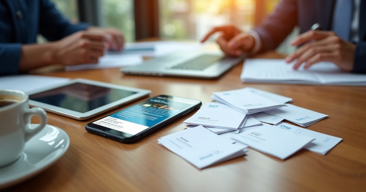 Cartões e dispositivos digitais em mesa de conferência 