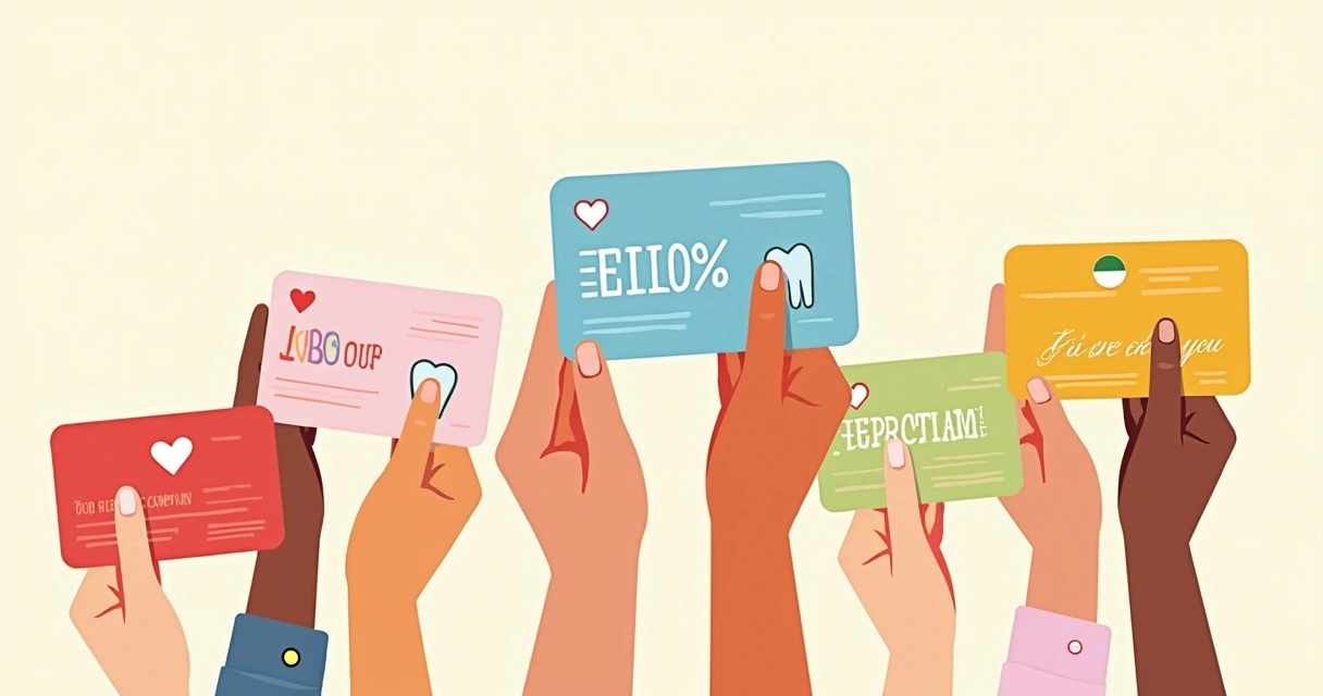 Cartões de desconto em saúde sendo segurados por diferentes mãos. 