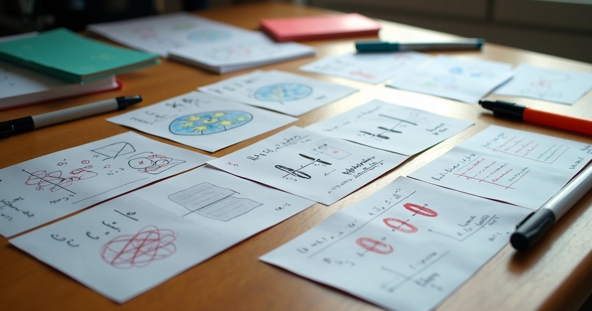Cartões de estudo com desenhos, fórmulas e gráficos de ciências exatas espalhados em uma mesa 