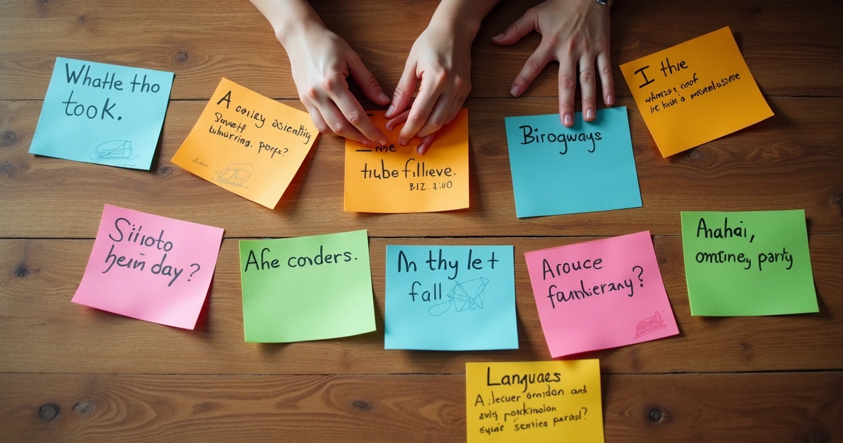 Vários flashcards coloridos com perguntas e respostas escritas à mão 