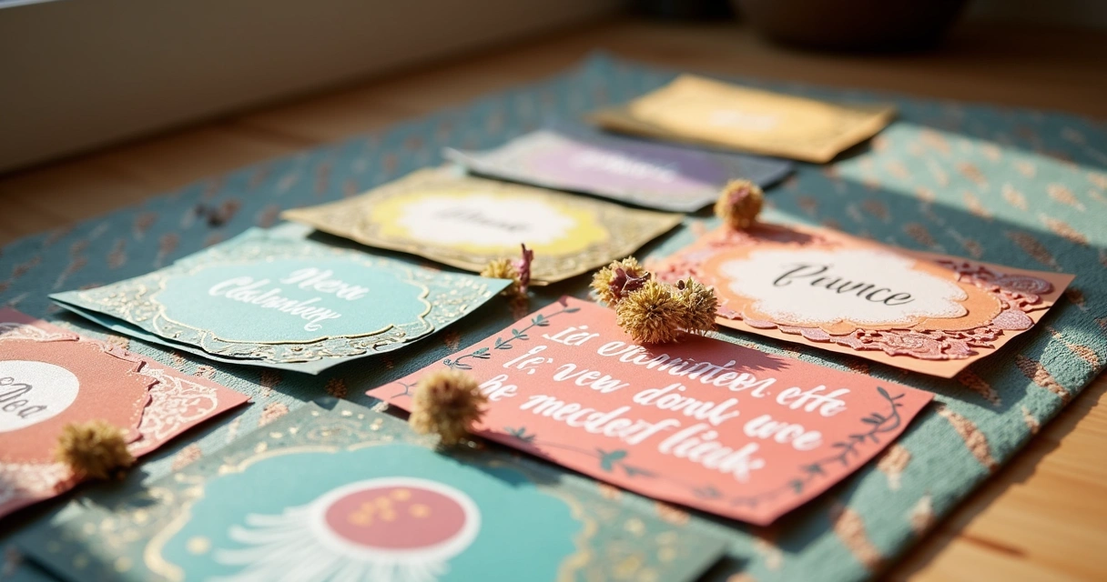 Cartões de intenção artesanais e coloridos em cima de tapete de meditação 