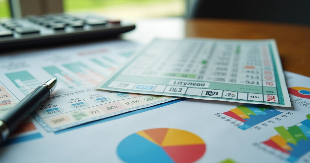 Cartões de loteria ao lado de gráficos e estatísticas 