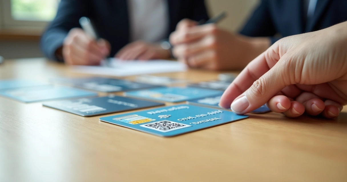 Cartões de PVC diversos sobre uma mesa de madeira, fundos claros e detalhes nítidos 
