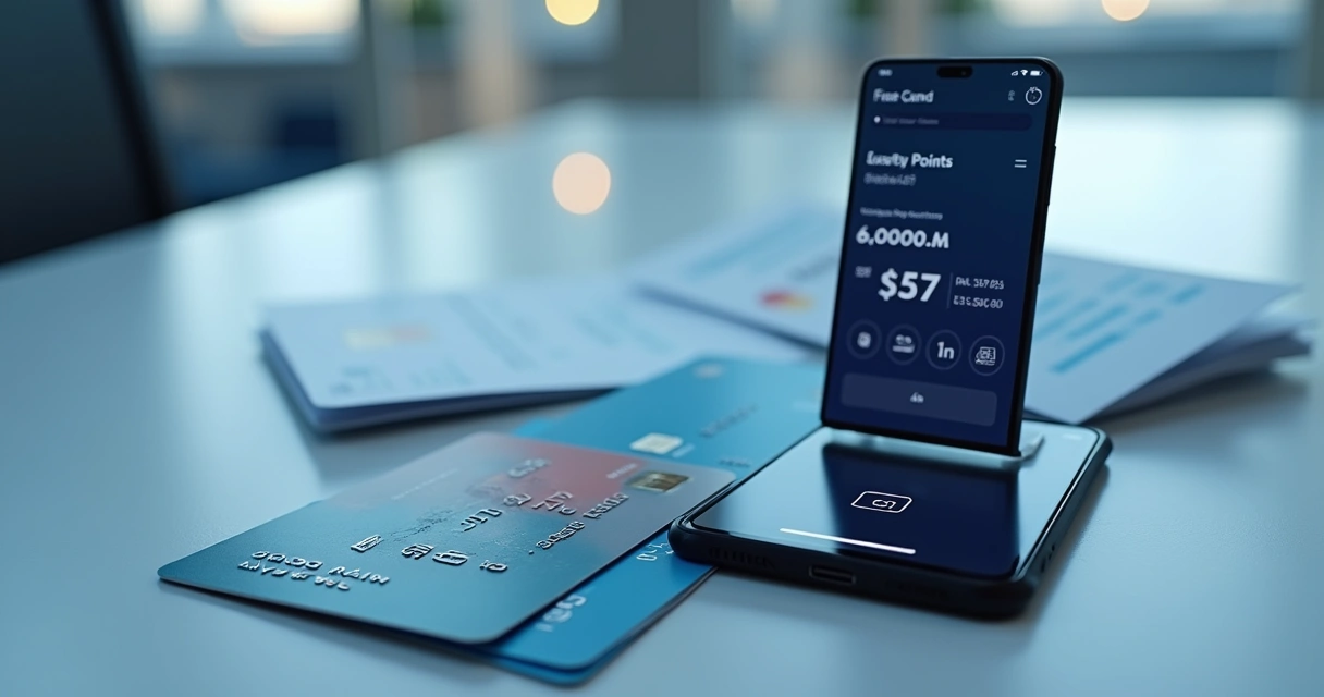 Cartões de crédito, celular com aplicativo de pontos e passagem de avião na mesa