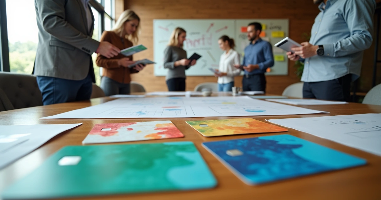 Equipe avaliando layout de cartões pré-pagos personalizados sobre grande mesa de trabalho 