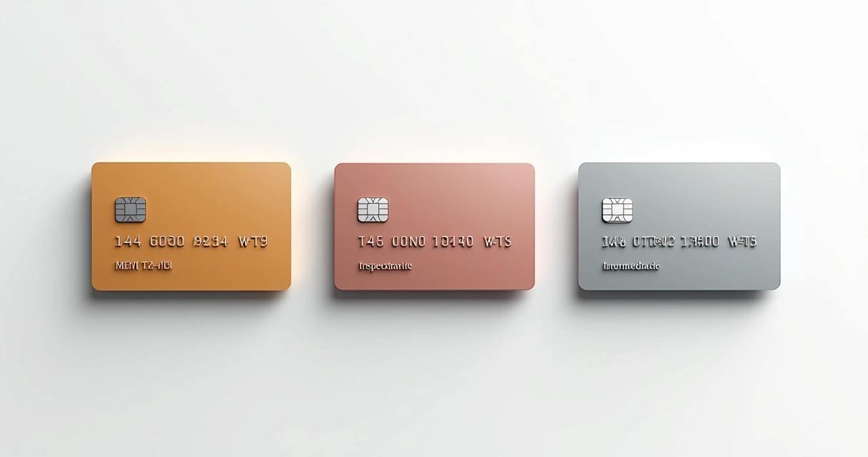 Três cartões de crédito diferentes com etiquetas de premium, intermediário e sem anuidade lado a lado 
