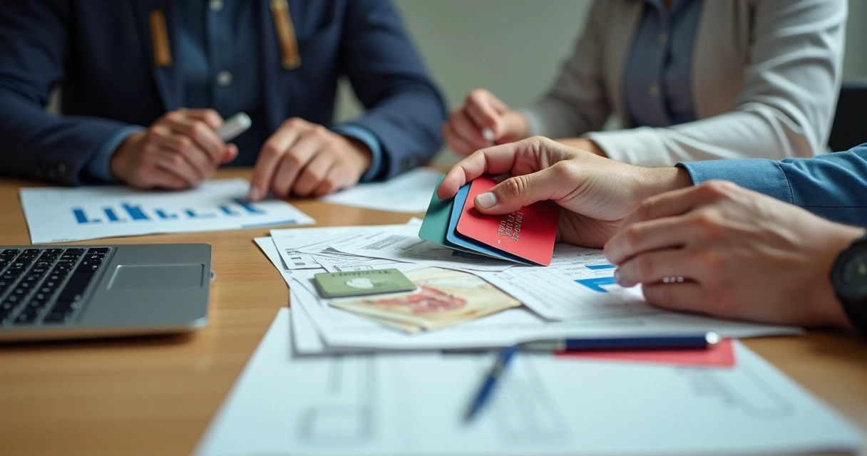 Cartões e notas de dinheiro organizados em uma mesa 