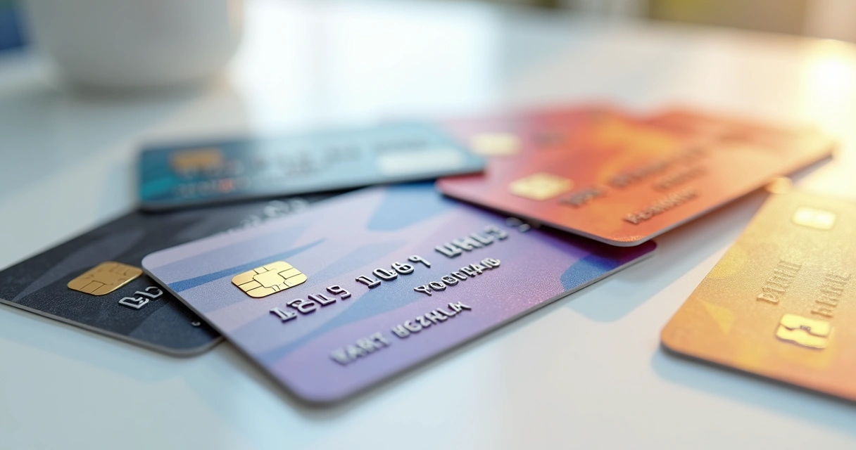 Diversos cartões de crédito coloridos sobre uma superfície clara 