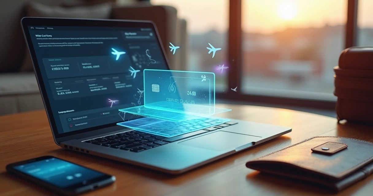 Cartões virtuais brilhando ao lado de mala de viagem em mesa de madeira 