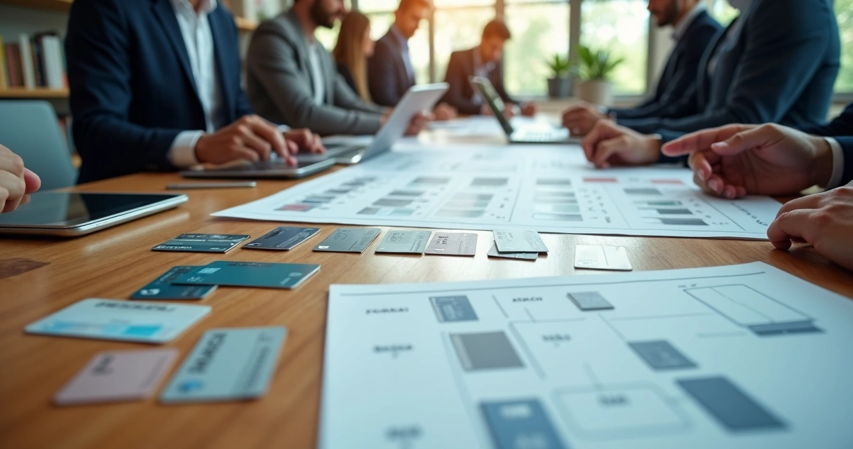 Equipes montando maquetes de cartões financeiros white label personalizados sobre uma mesa grande 