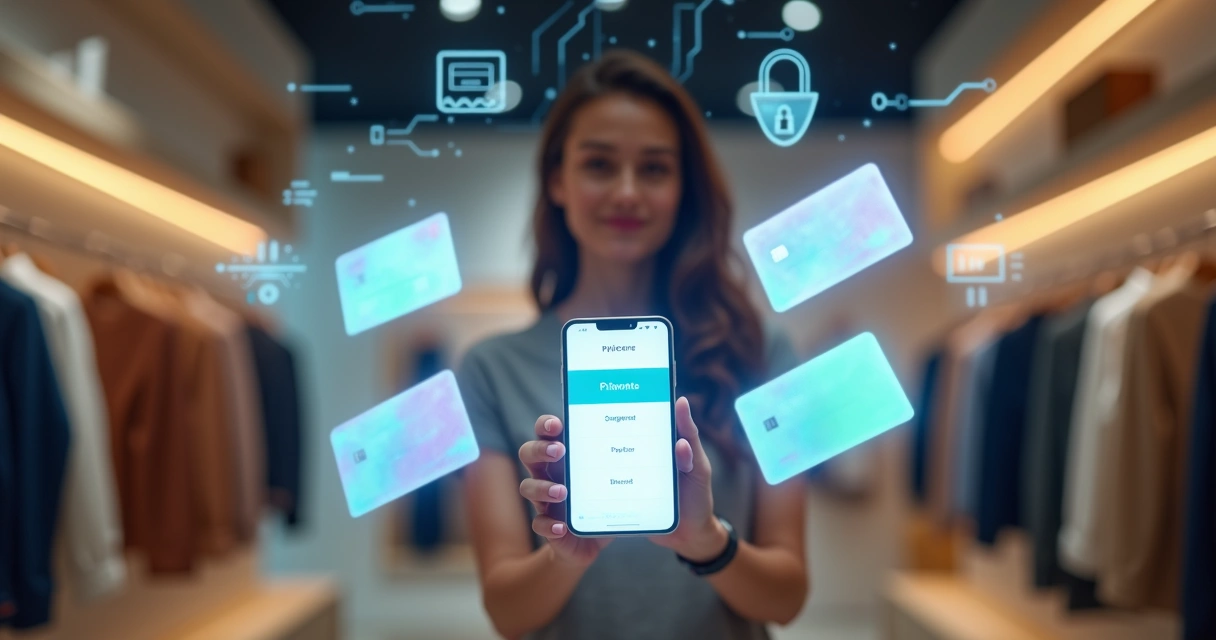 Consumidora segurando smartphone com vários cartões white-label flutuando ao redor 
