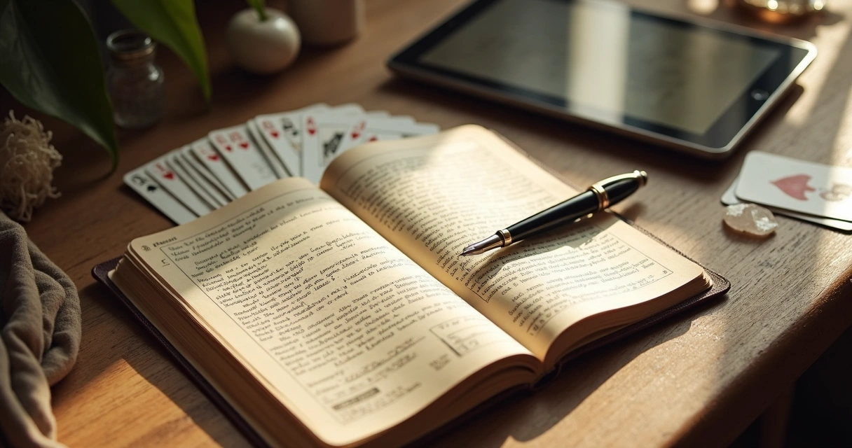 Session notes and card spread on a wooden table 