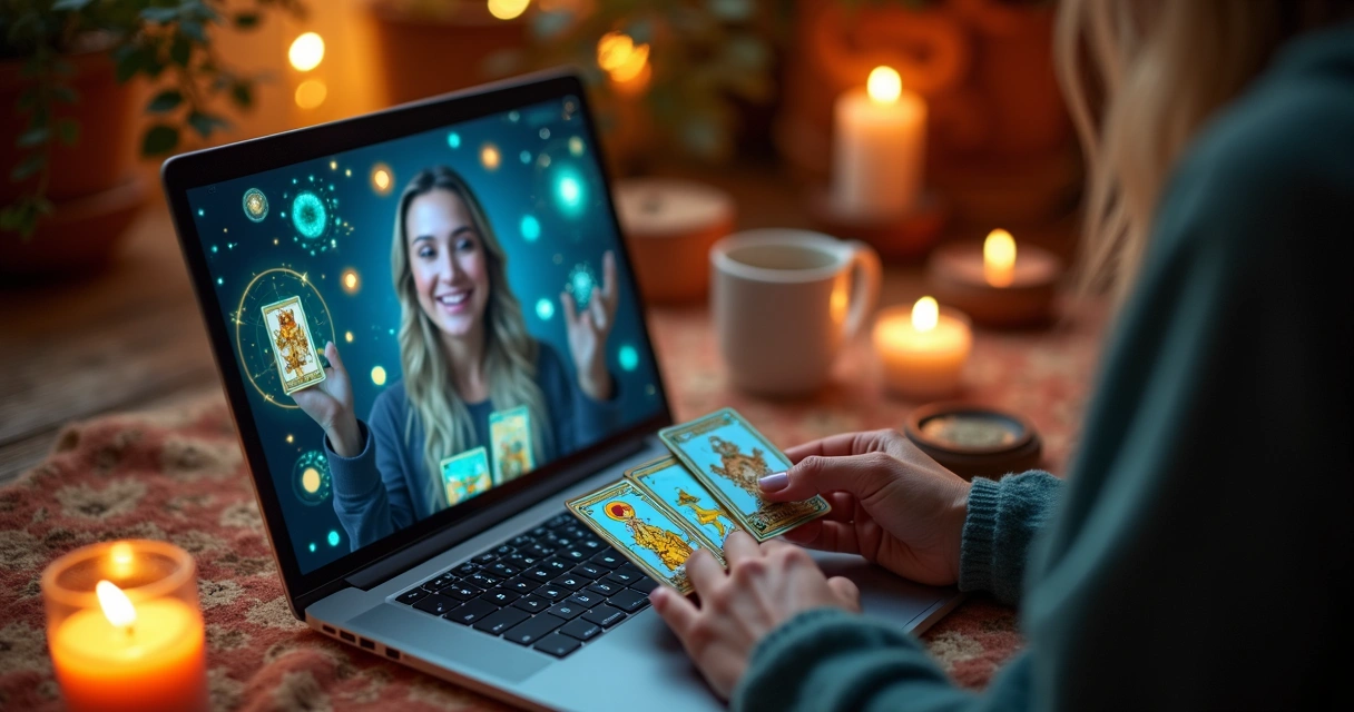 Consulta de cartomancia digital com cartas de Tarot e uma mão feminina na tela 