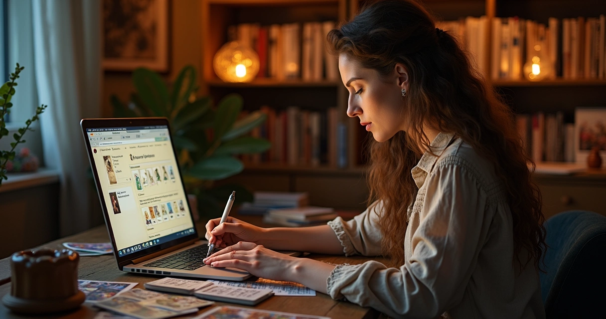 Tarot reader at a laptop organizing digital client profiles 