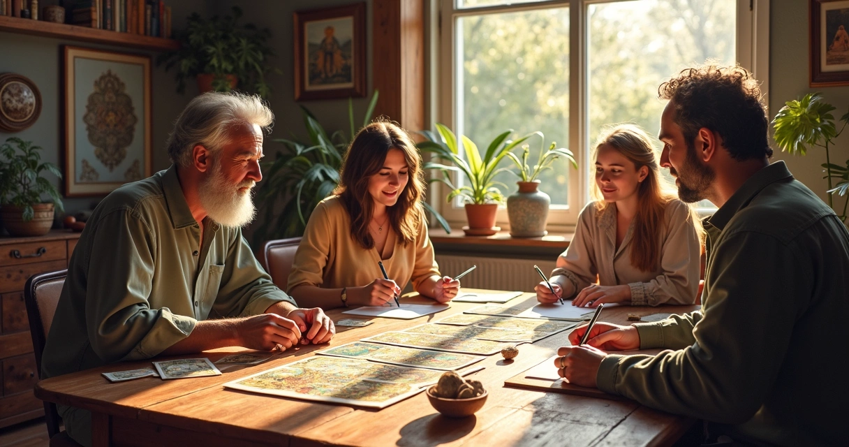 Small group learning tarot and runes together 