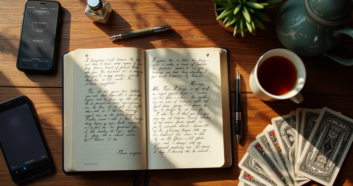 Cartomancy notes beside playing cards and a journal 