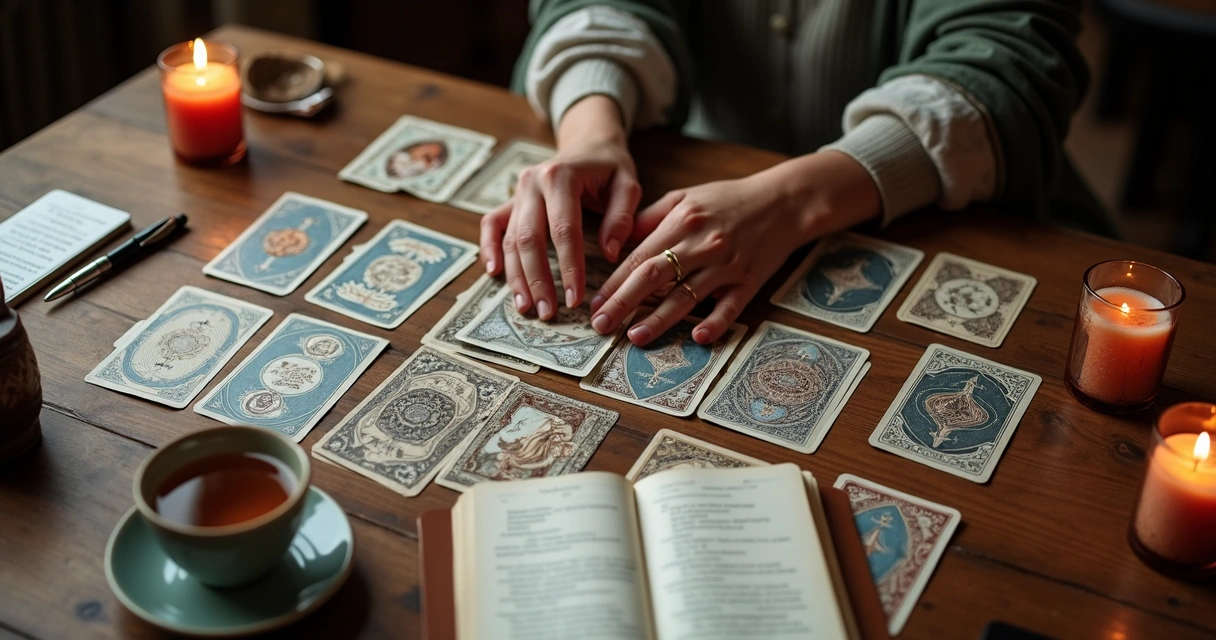 Reader reviewing cards and handwritten notes at a wooden table 