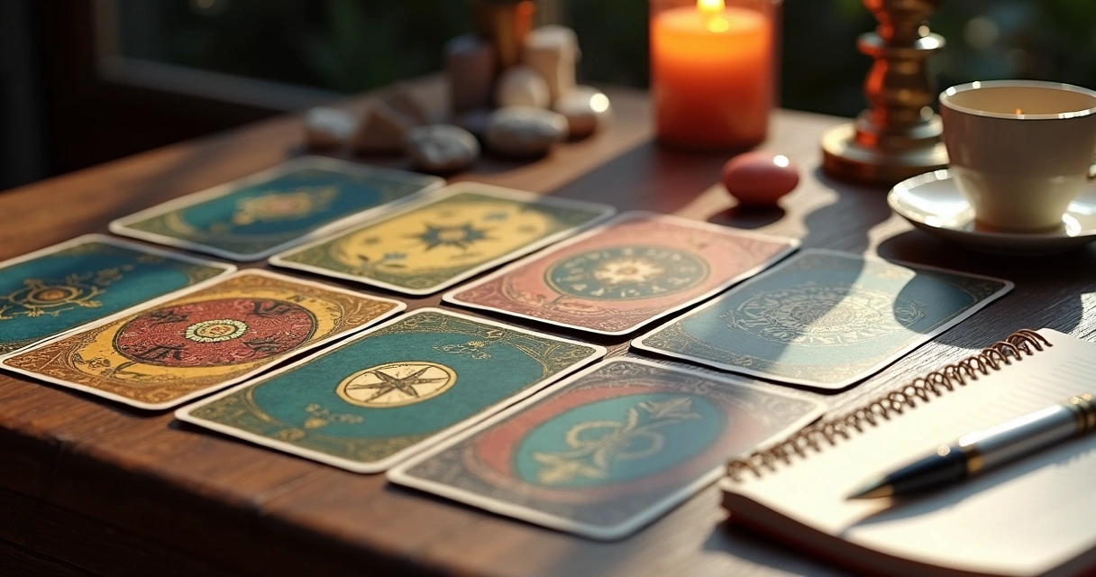 Tarot cards, runes, and Lenormand cards laid out on a wooden table 