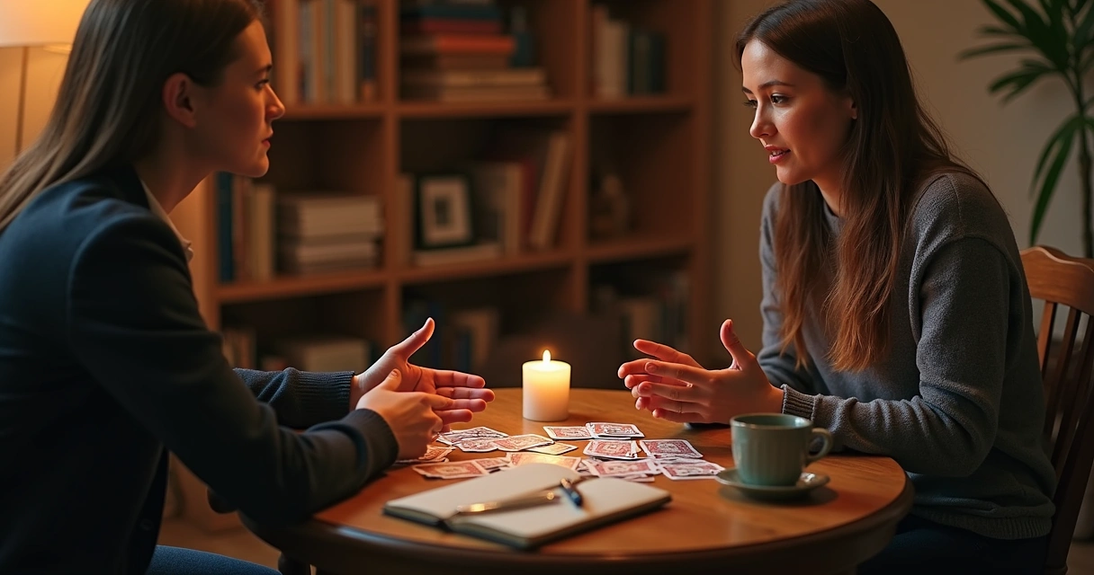 Reader and client observing cards with calm body language 