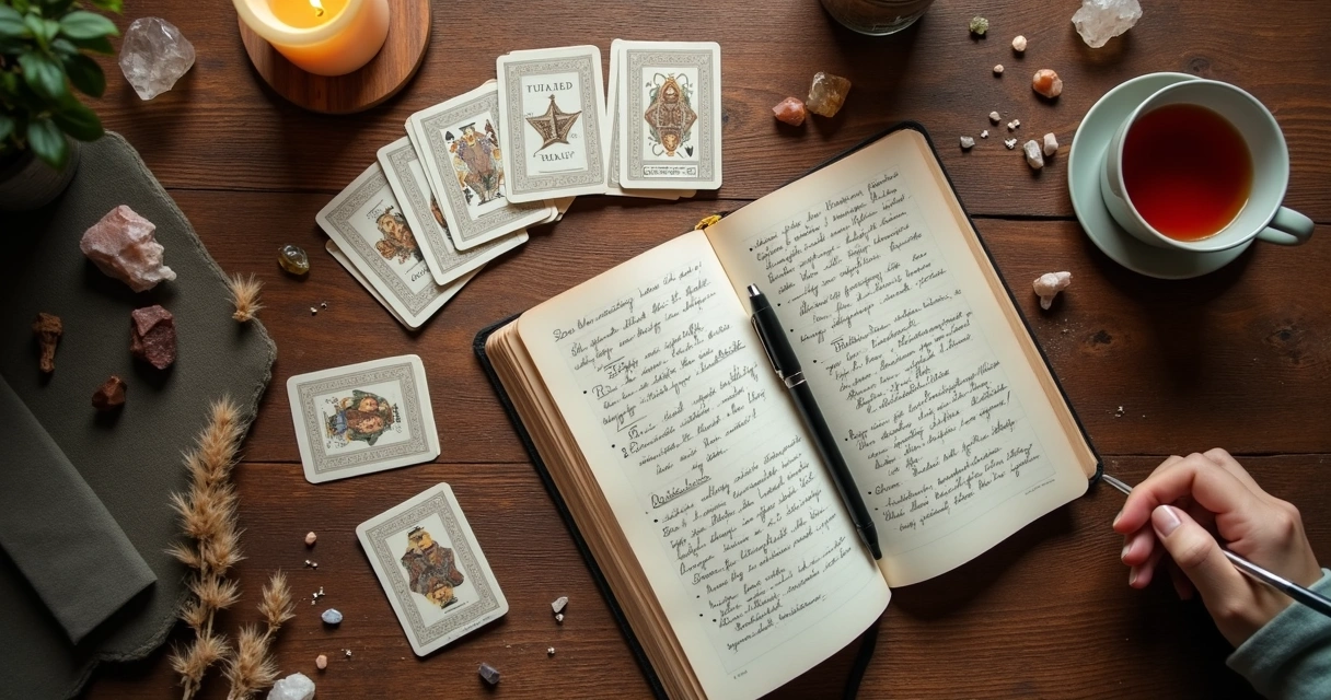 Cartomancy cards, notebook, and pen on a wooden reading table 