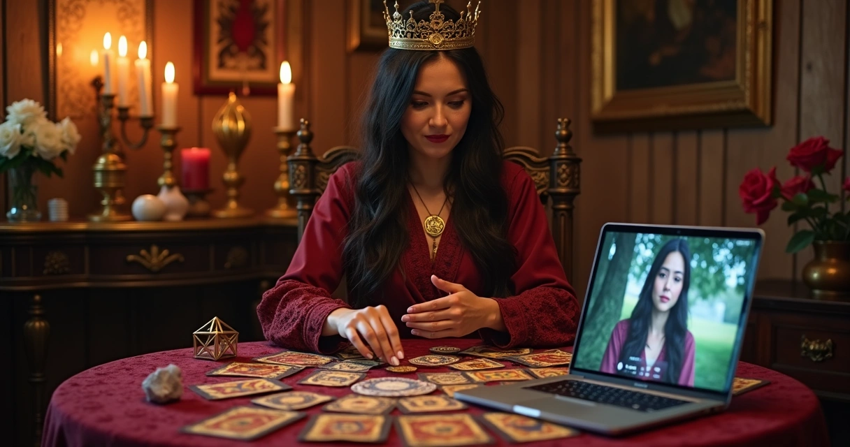 Cartomante espanhola consulta cartas de tarot durante atendimento virtual 
