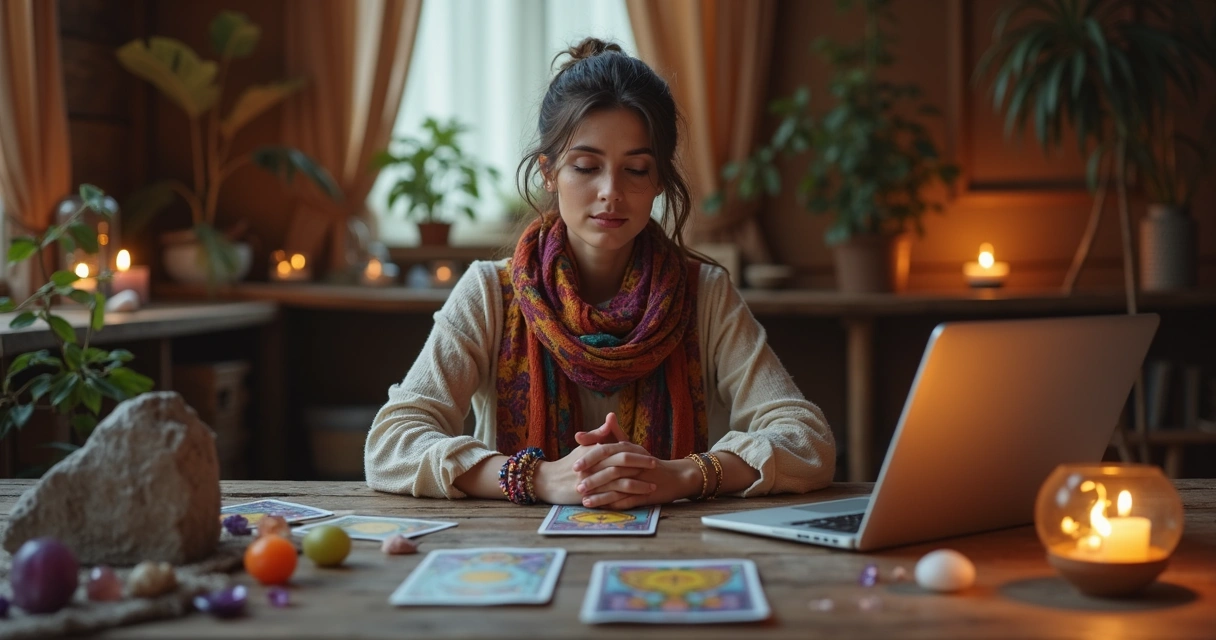 Cartomante realiza leitura de cartas online em mesa com elementos místicos e notebook ao lado 