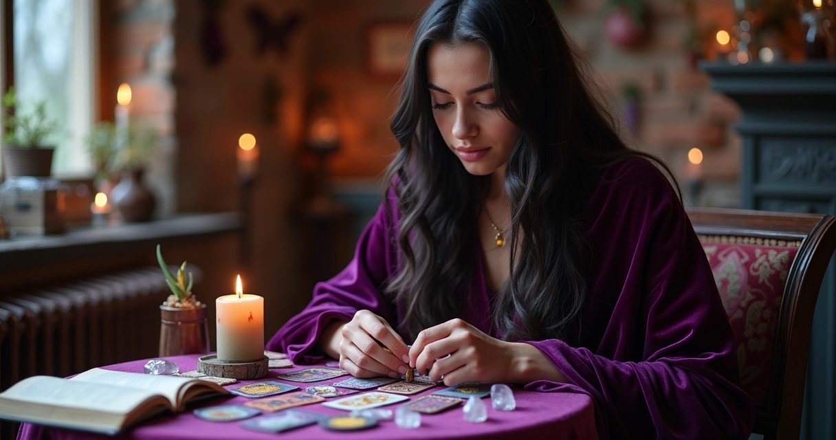 Mulher cartomante envolta em tecido de veludo roxo, segurando baralho cigano 