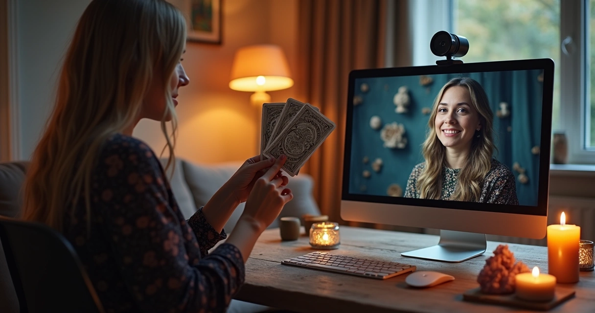 Cartomante em videoconferência mostrando cartas
