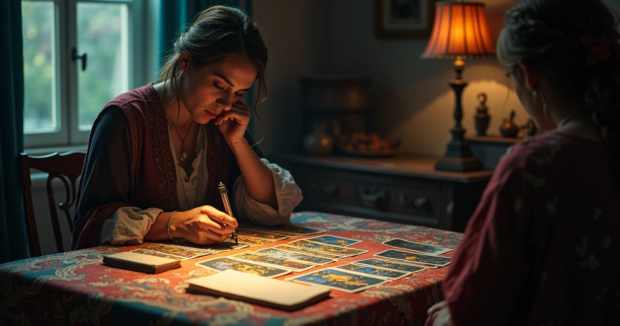 Cartomante lendo cartas do tarot, algumas invertidas 