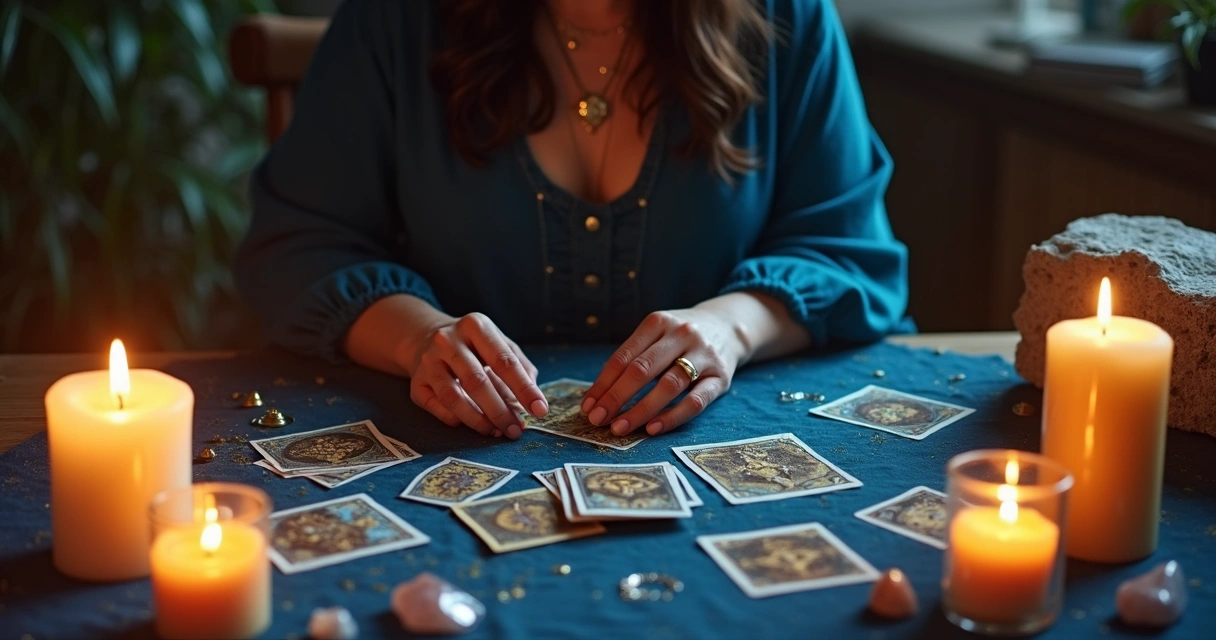 Cartomante fazendo leitura de tarot em mesa com velas acessas e luz suave 
