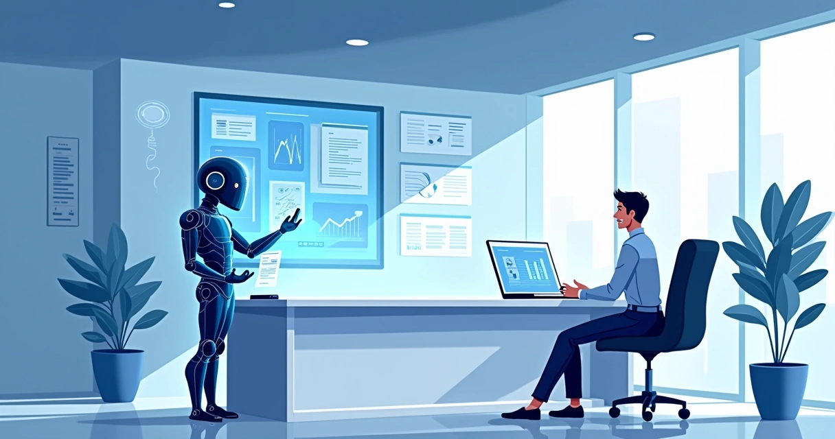 Ilustração de sala de cartório moderna com agente de IA analisando documentos e atendente humano ajudando cliente.