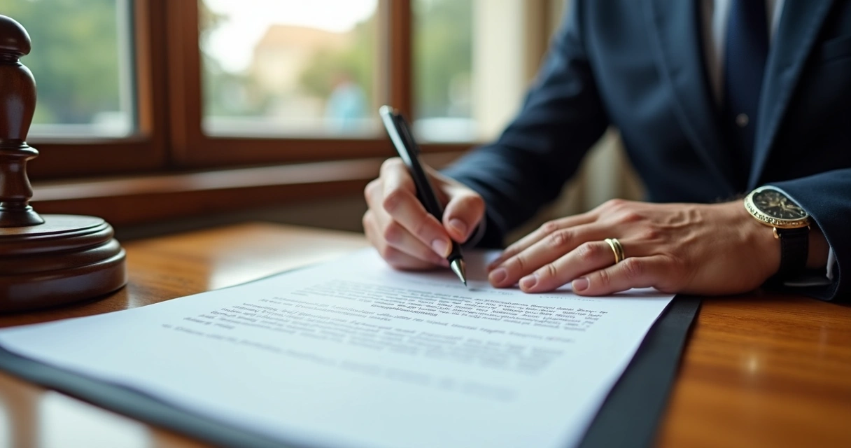 Documentos e carimbo em mesa de cartório