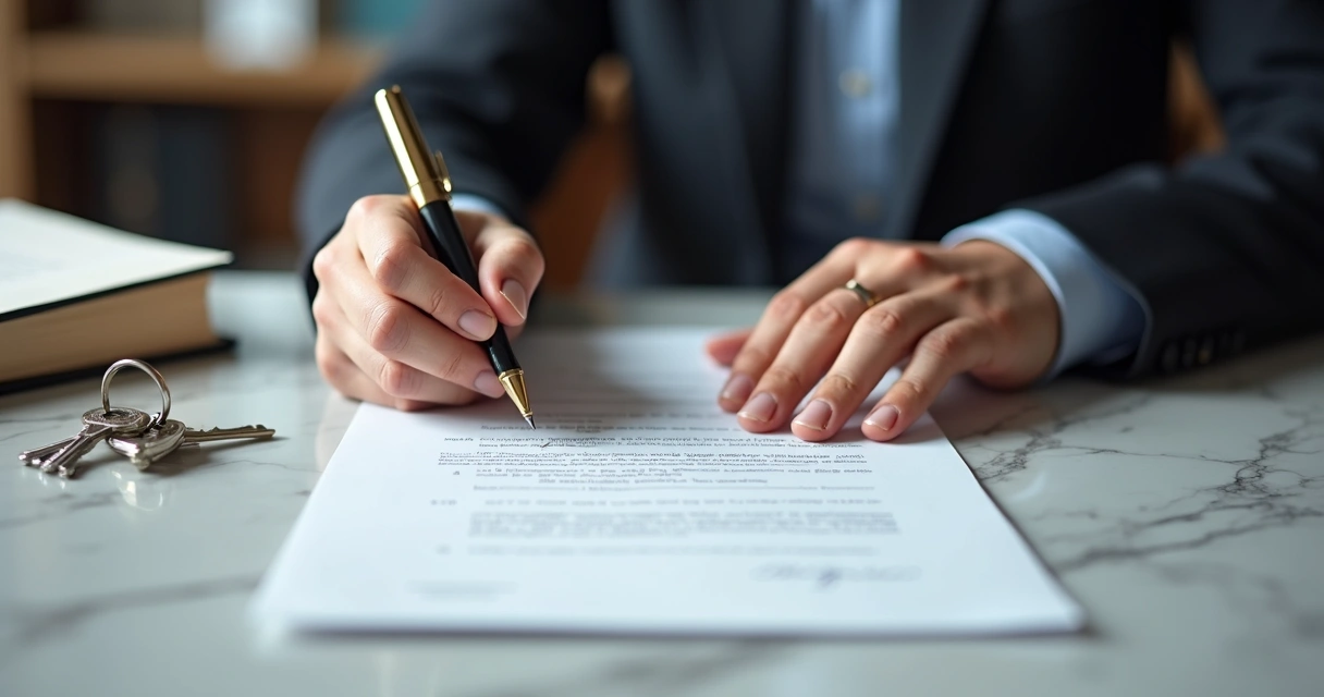 Advogado de Direito Imobiliário: Guia Para Contratar com Segurança 3 Assinatura de escritura em cartório com mãos e carimbo.