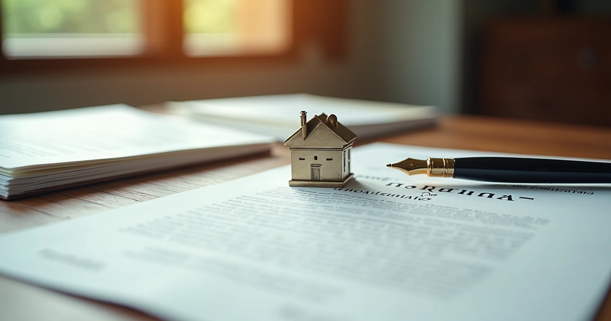 Mesa de cartório com documentos, caneta e chave de casa sobre o contrato 
