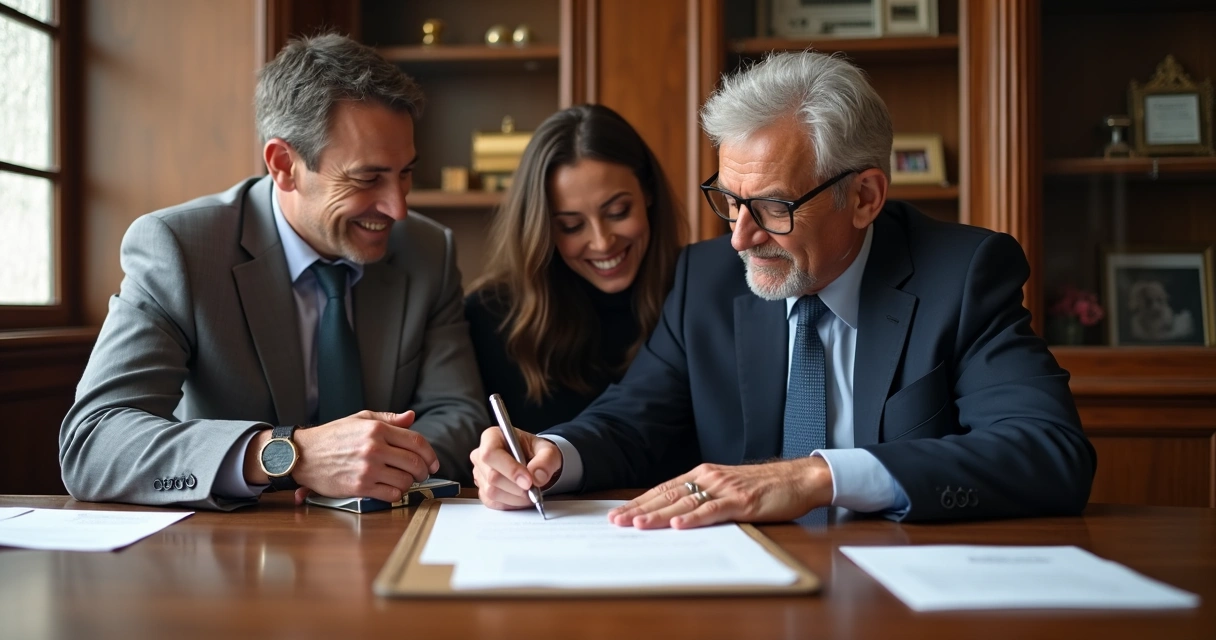Tabelião assinando documento imobiliário em cartório 
