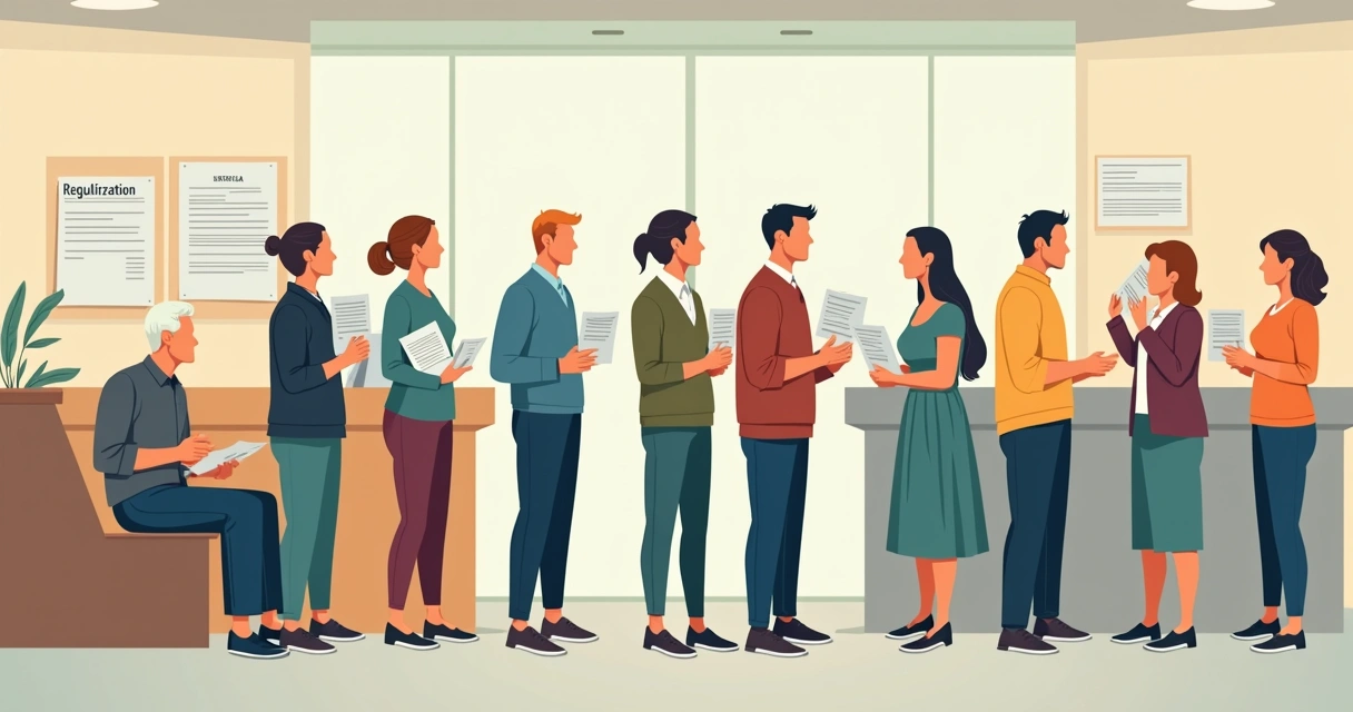 Fila em cartório de registro de imóveis com pessoas aguardando atendimento 