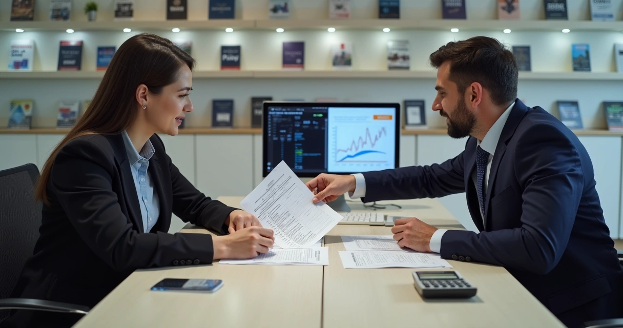 Pessoas em banco assinando documentos e atendente explicando custos 