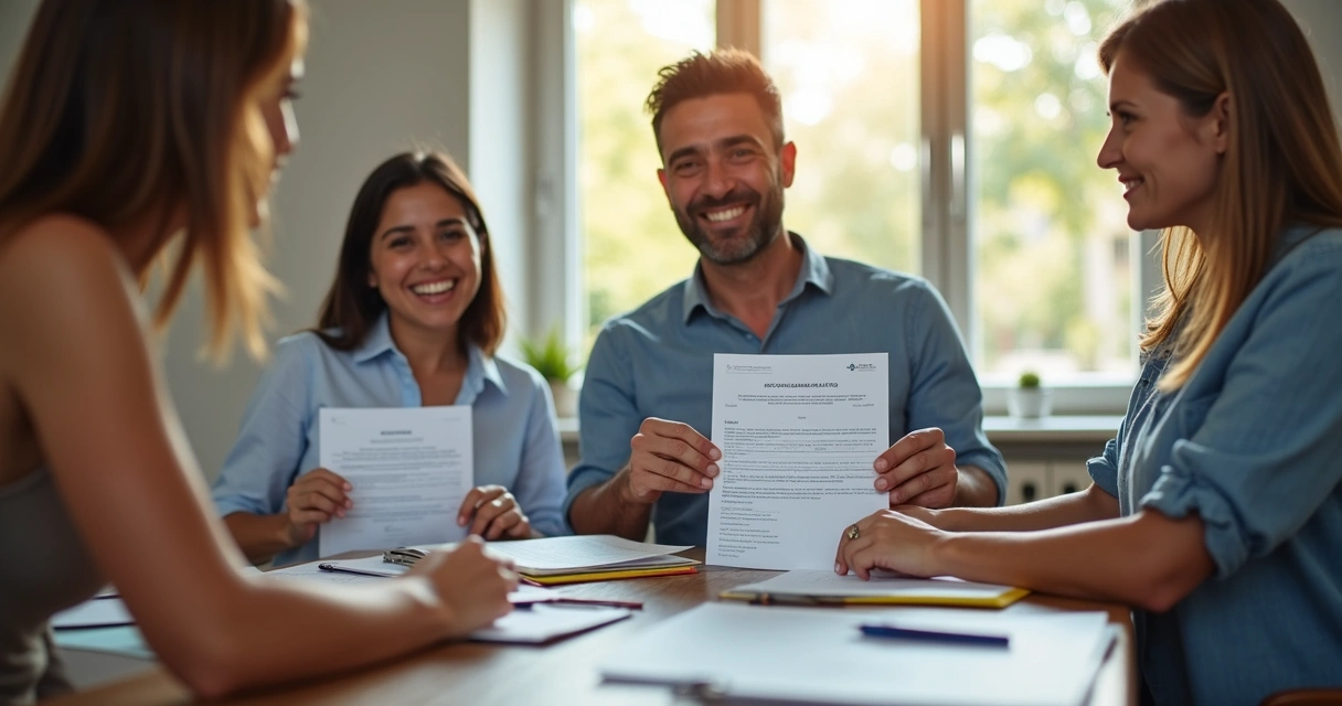 Pessoas satisfeitas comemorando após registro de imóvel em cartório 