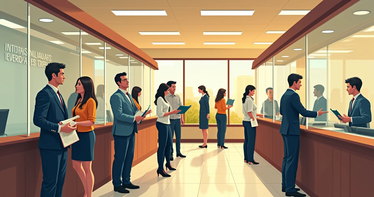 Cartório brasileiro movimentado com pessoas em filas 