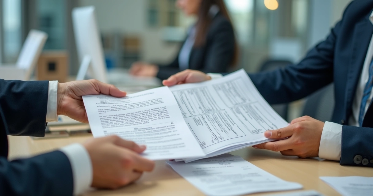 Atendimento em cartório com documentos de registro de imóvel 