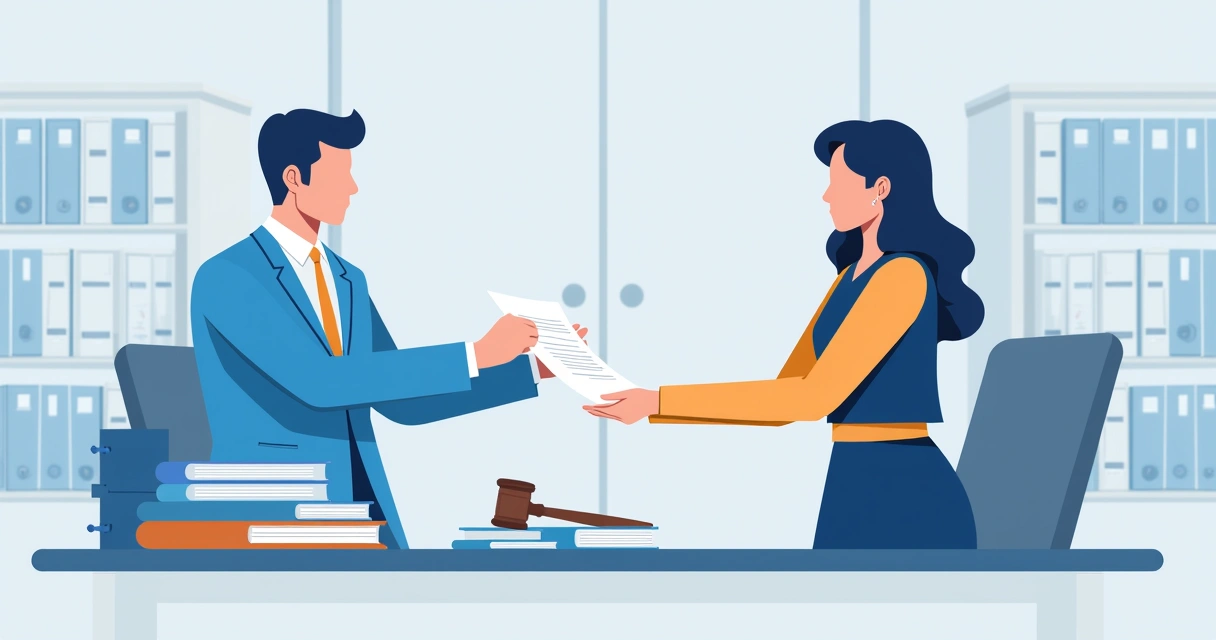 Pessoa entregando documentos em cartório com carimbo e papéis oficiais sobre balcão 