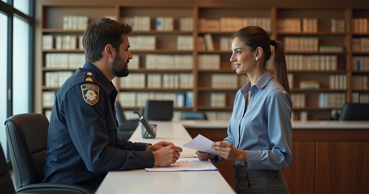 Atendente do cartório conversando com cliente em ambiente formal