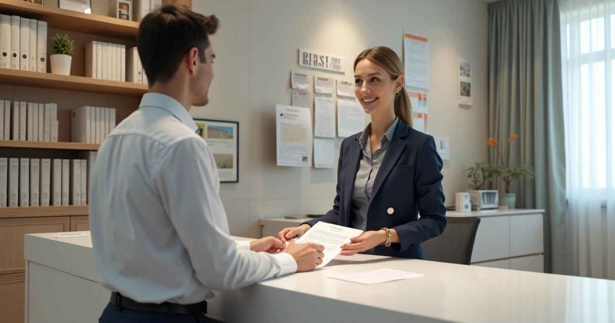 Pessoa entregando documentos em balcão de cartório de registro de imóveis 