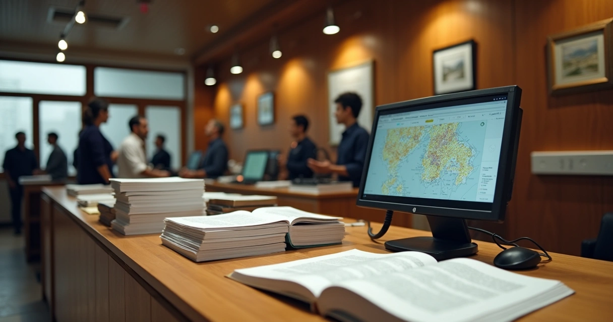 Cartório de registros com balcão e documentos em destaque 