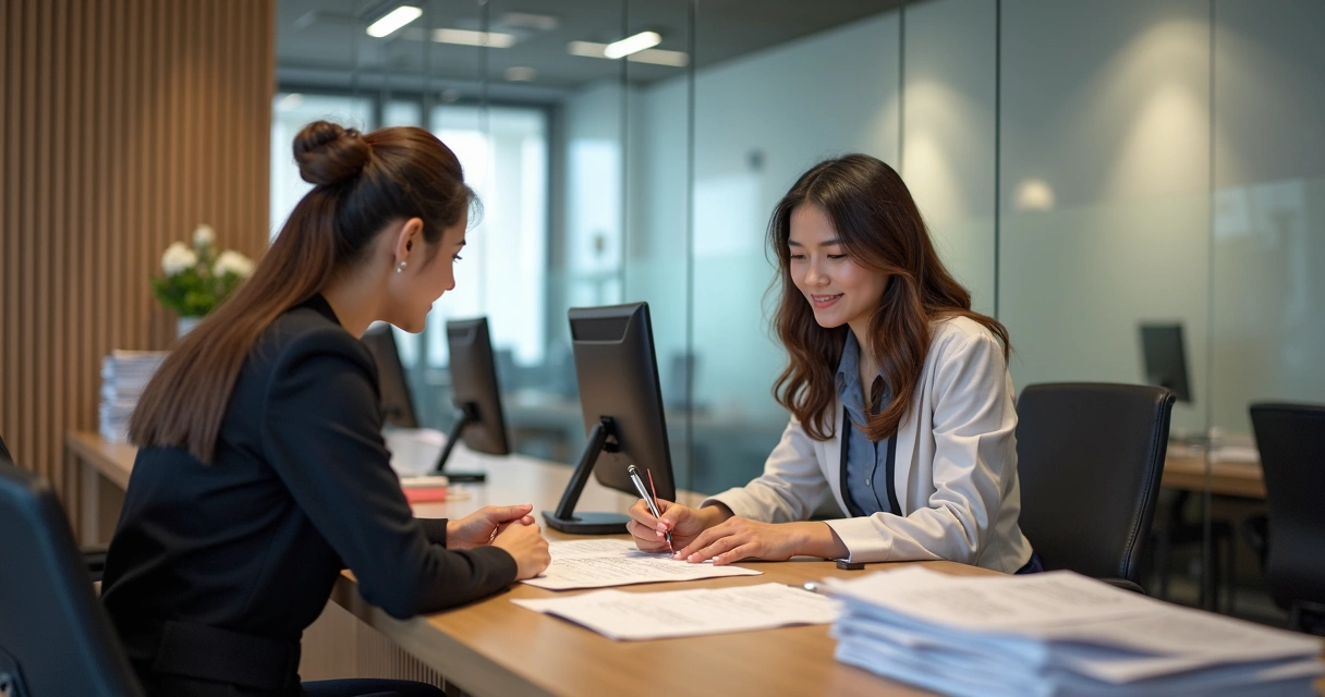Cartório moderno com atendente registrando imóvel no balcão 