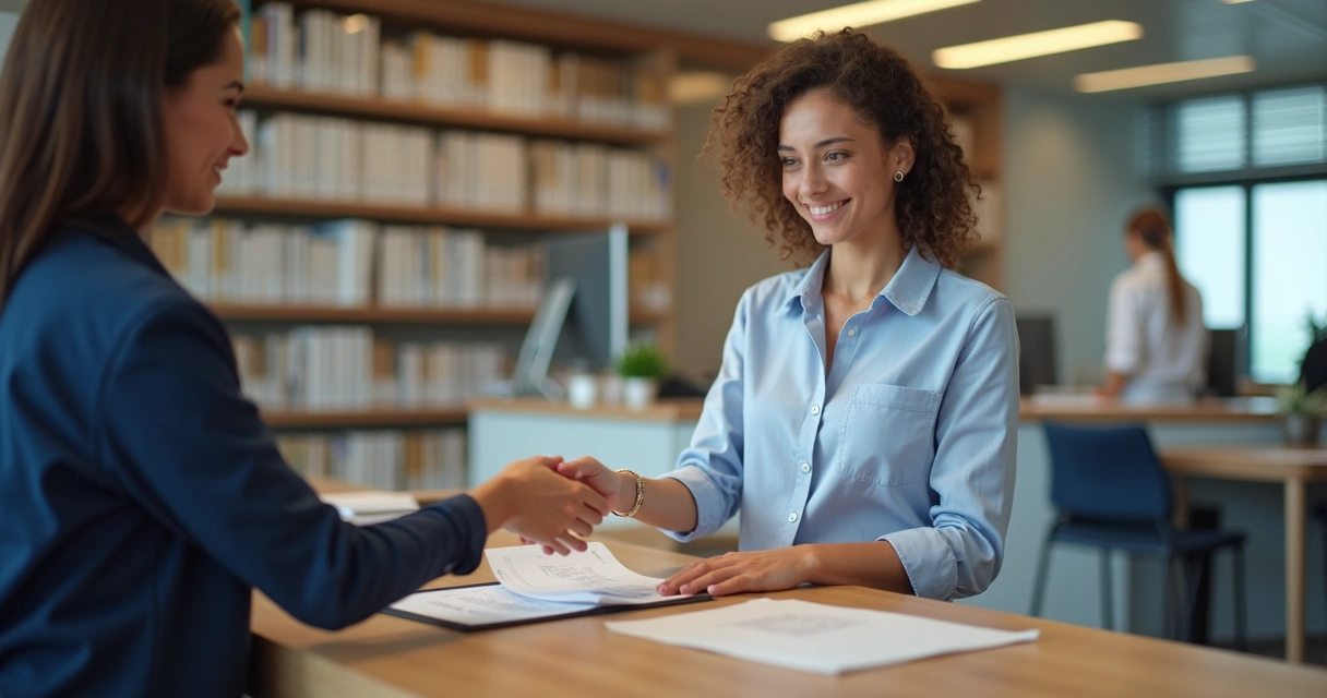 Pessoa entregando documentos em balcão de cartório de registro de imóveis