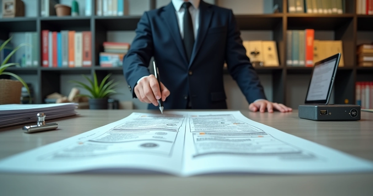 Atendente de cartório apontando para matrícula de imóvel sobre o balcão com documentos e carimbo ao lado 